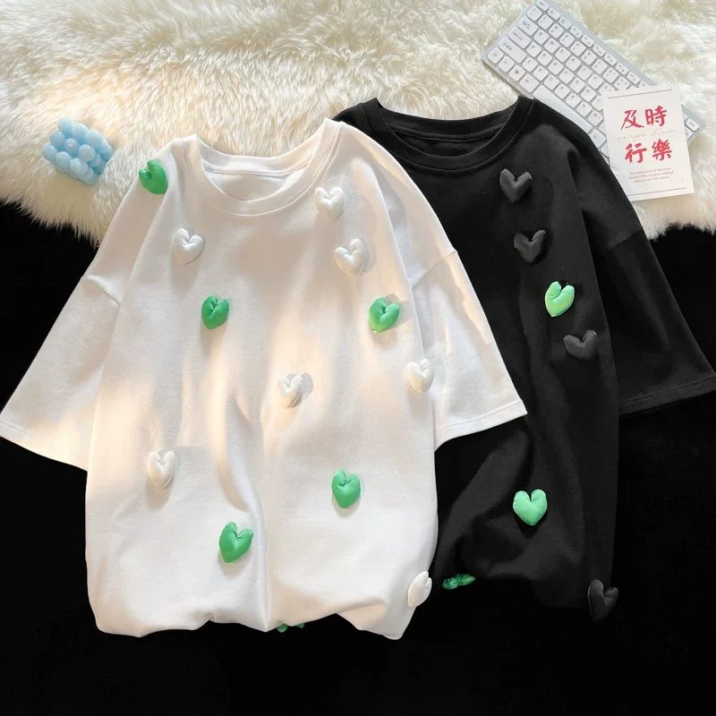 3D Heart-shaped Cotton T Shirts for Men Women Valentine's Day Outfits Hip Hop Streetwear Summer Couple Loose Camiseta Tee Tops
