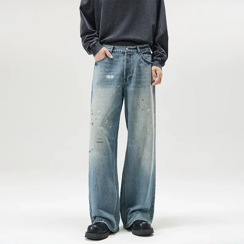 Autumn Korean Splashed Ink Jeans Men'S Straight Leg Pants Fashionable High Street Retro Loose Wide Leg Pants Design Pants