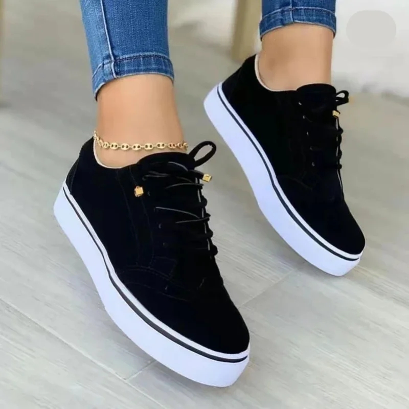 Zapatos vulcanizados de punta redonda para mujer, zapatillas planas informales con cordones, versátiles y cómodas, novedad de verano, 2023