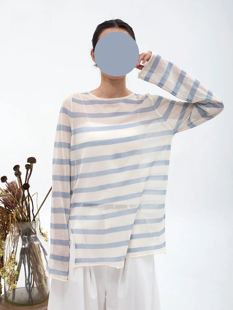 

Women's Long Sleeve round Neck T-Shirt Striped Pattern Breathable Moisture Wicking Summer New Arrival Lightweight Crew Neck