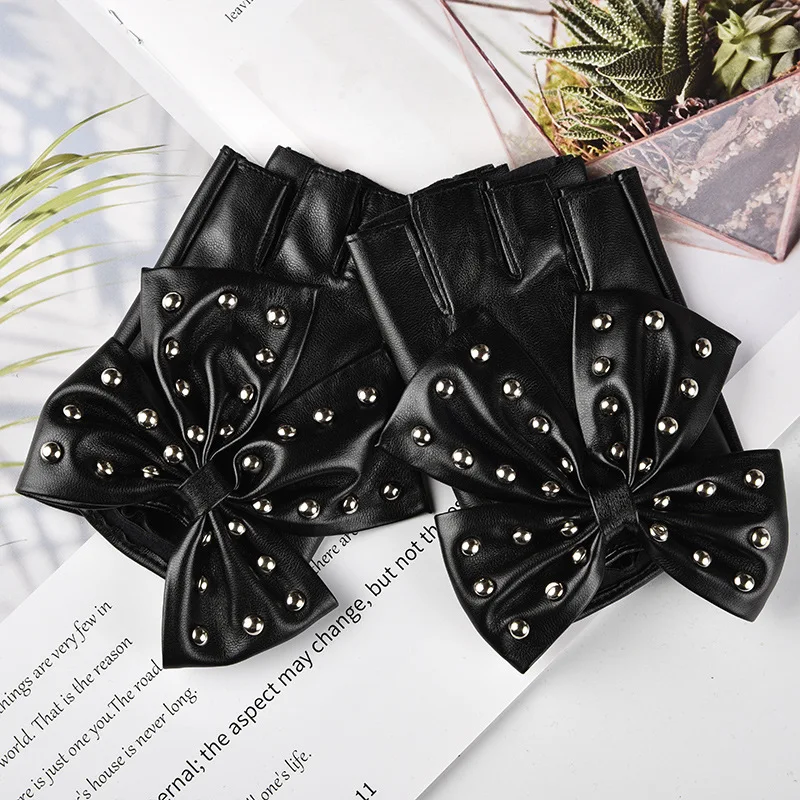 Women\'s Nightclub Bar Pole Dance Sexy Black Fingerless Mittens Hiphop Punk Rivet Bow Half Finger Synthetic Leather Gloves S85