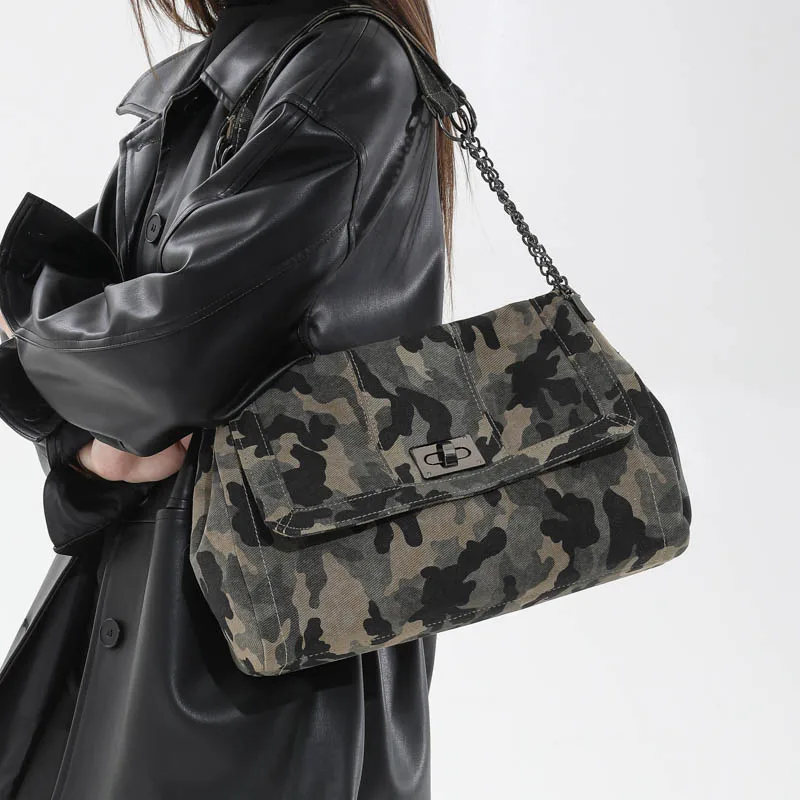 Y2K Camouflage Leopard Canvas Shoulder Bags for Women Vintage Flap Design Chain Strap Tote Bag American Retro Crossbody Bags