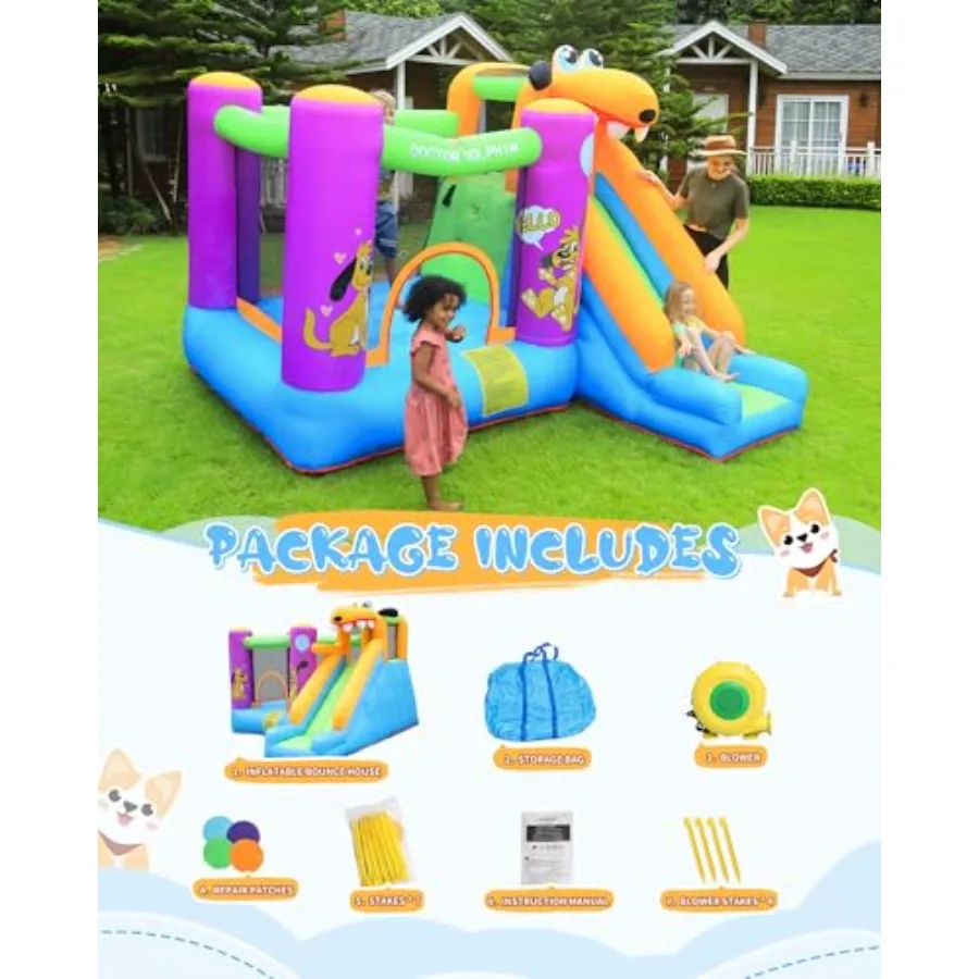 送風機付きバウンスハウススライド、5～12歳向け子供用バウンスハウス、子供用ジャンプバウンスキャッスル、子犬スライド付き屋外用バウンスハウス
