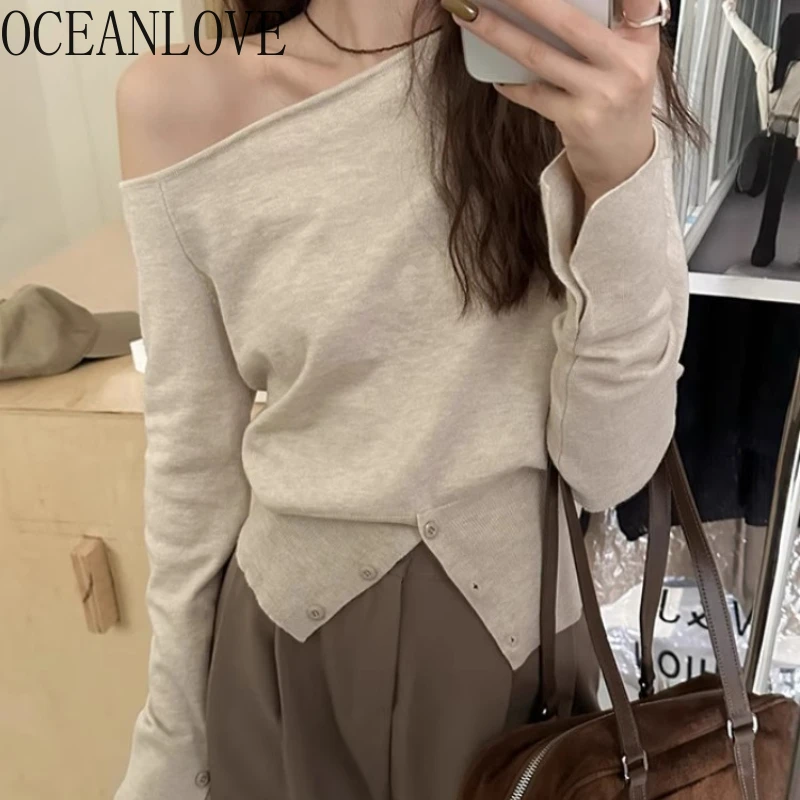 

OCEANLOVE Autumn Winter Clothes Woman Sweaters Solid Slash Neck Pullovers Korean Fashion Buttons Elegant Simple Pull Femme