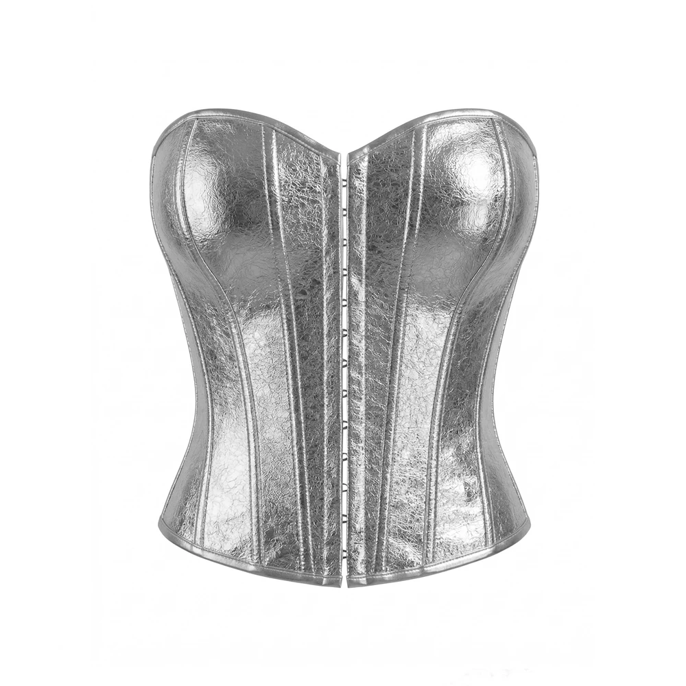 Silbernes Kunstleder-Korsett-Crop-Top für Damen, Retro-Hakenverschluss, trägerloses Overbust-Bustier, Shapewear, Schnür-Bodice mit Knochenverstärkung