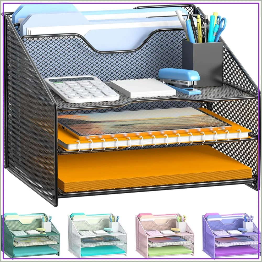 

Desk File Organizer, Mesh Letter Folder Holder with 3 Trays and 2 Vertical Sections for Office Workspace
