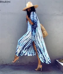 Vestido de praia boêmio listrado estampado feminino, roupa de banho para cobrir, túnica de verão para mulher, robe de praia, kaftan verão, 2024