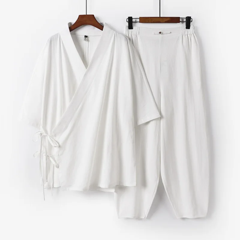 Plus Size 3XL-9XL Men Japanese Kimono Cardigan Pants Set Cotton Linen Yukata Haori Samurai Costume Harajuku Loose Jacket Suit