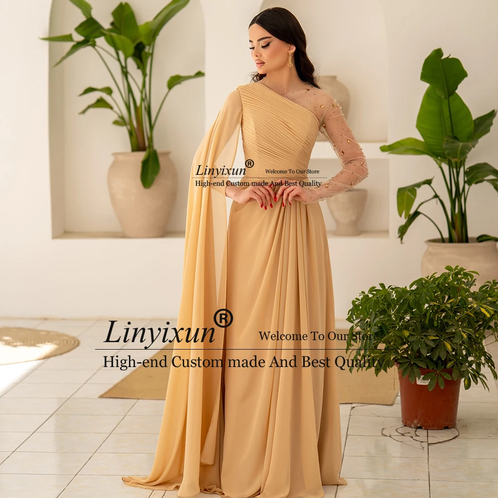 

Elegant Sparkly Crystal Prom Dresses for Women Pleats One Shoulder Sleeves Straight Evening Party Gowns Customized فساتين
