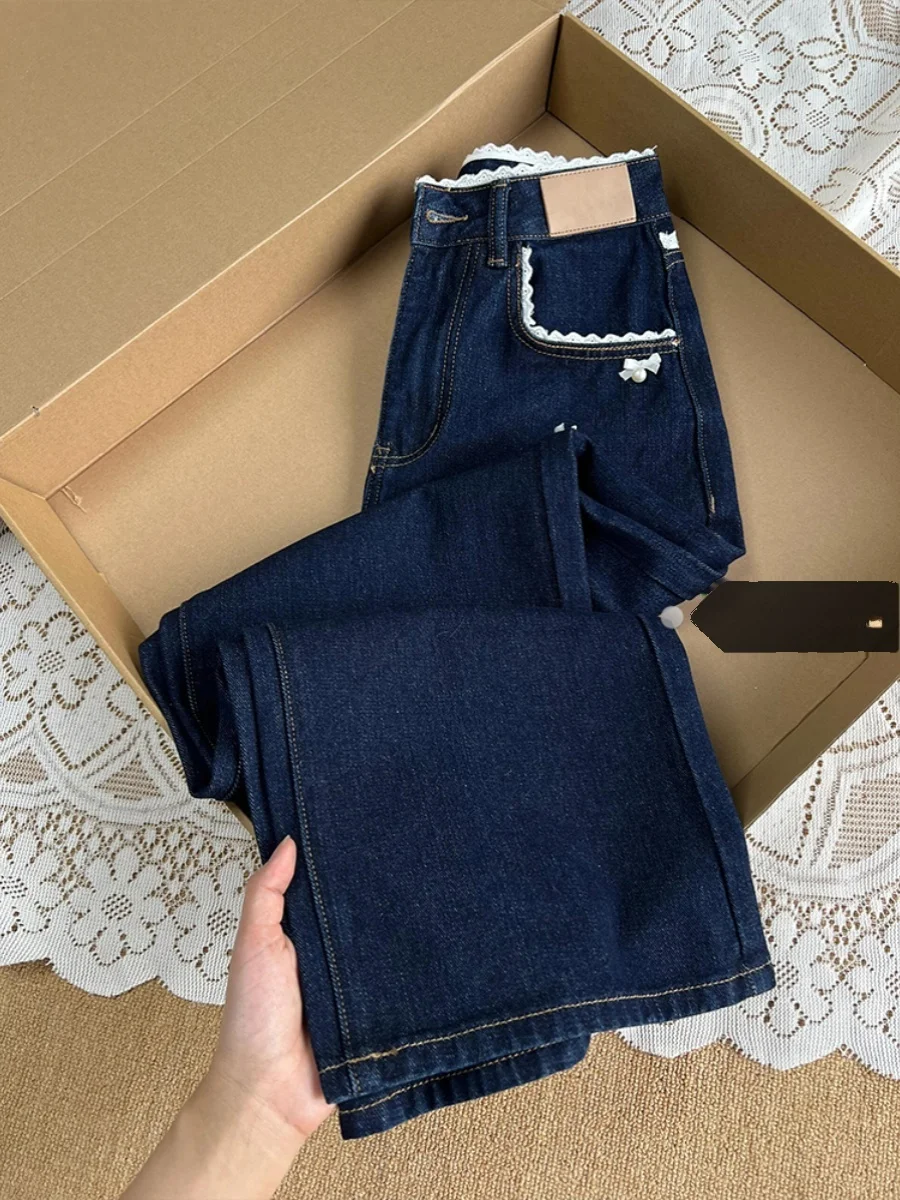 

High Waist Wide Leg Blue Washed Denim Jeans Women's Summer Loose Fit Straight Long Trousers Heavy Design Sense Casual Pants