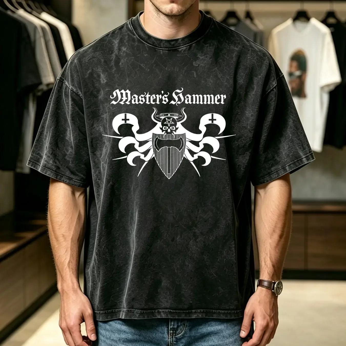 washed T Shirt Masters Hammer Ritual Heavy Cotton black metal vintage Washed Versatile Soft Stylish Slightly designer clothes