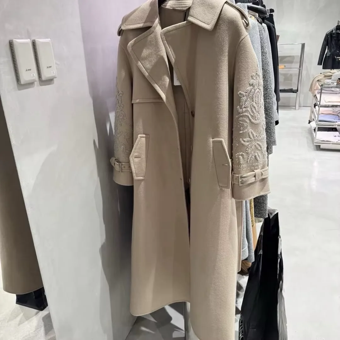 Quiet Luxury Sand Wool Trench Coat Women Chic Floral Embroidered Sleeve High End Double Sided Belted Long Maxi Coat