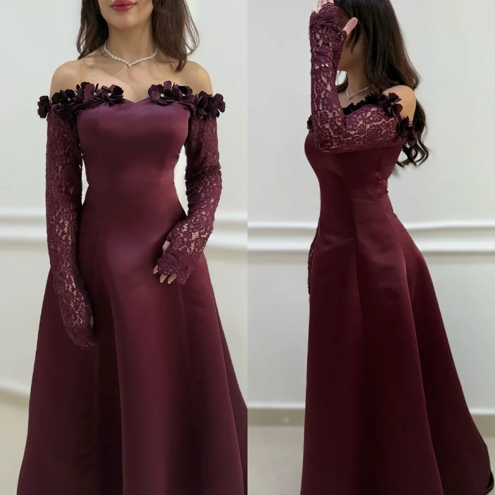 

Customized Matching Retro Pleat Handmade Flower Rhinestone Lace A-line Off-the-shoulder Long Dresses Bespoke Occasion Dresses