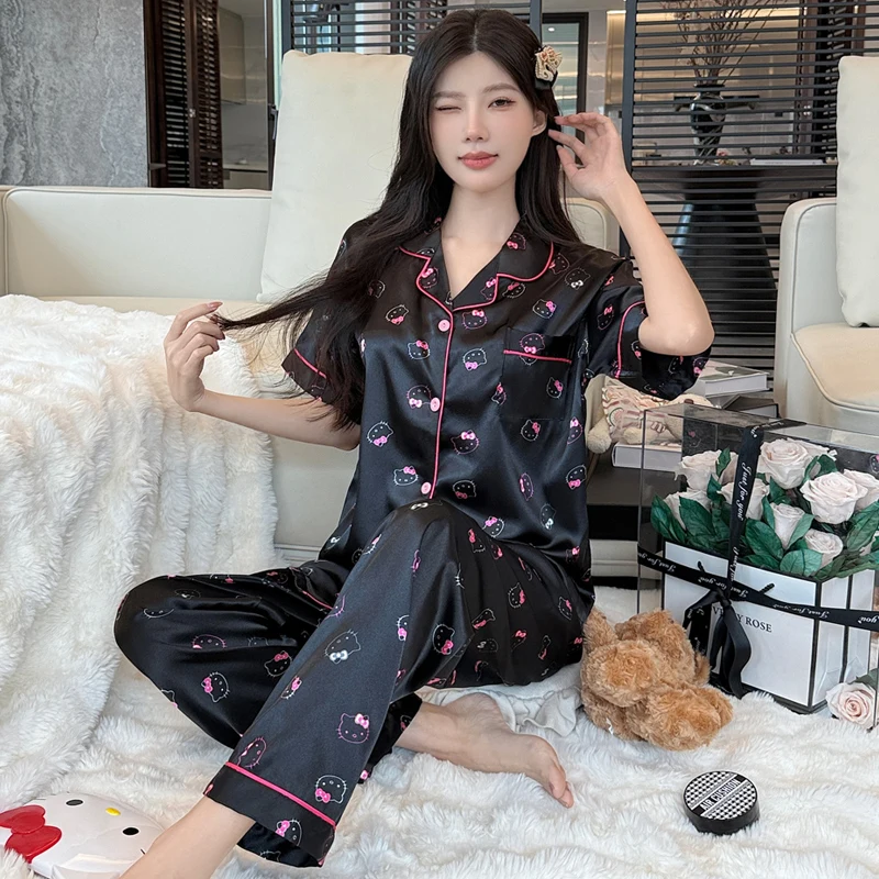 Verão high-end dos desenhos animados kt gato calças de manga curta simulação seda pequeno pijama loungewear conjunto