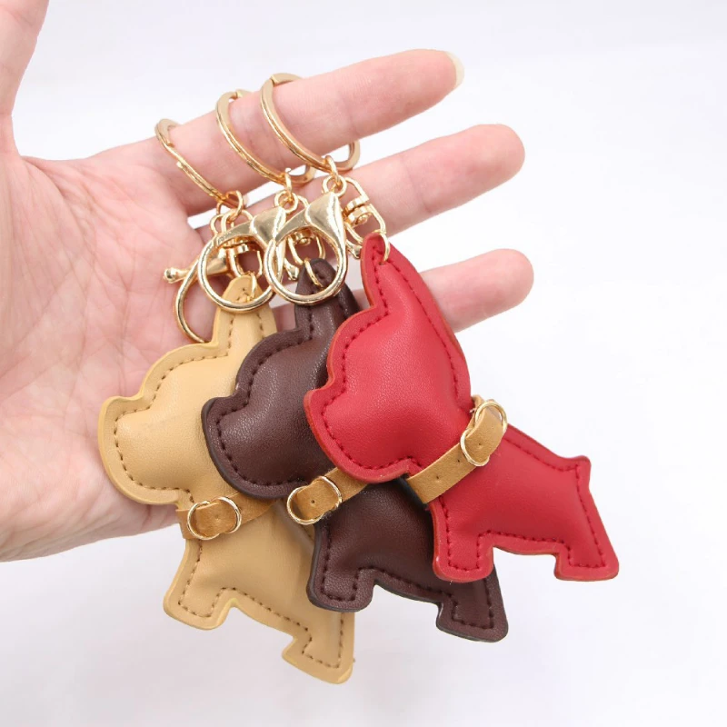 New Super Fierce Bulldog PU Leather Dog Car Keychain Backpack Decoration Key Chains for Women