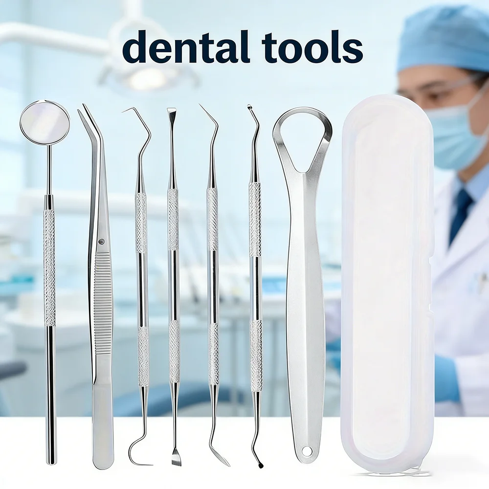 5/7-teiliges Ergonomisches Zahnpflege-Set, Wiederverwendbare Edelstahl Interdentalreiniger, Tragbare Zahnhygiene-Werkzeuge für Reisen und Alltag
