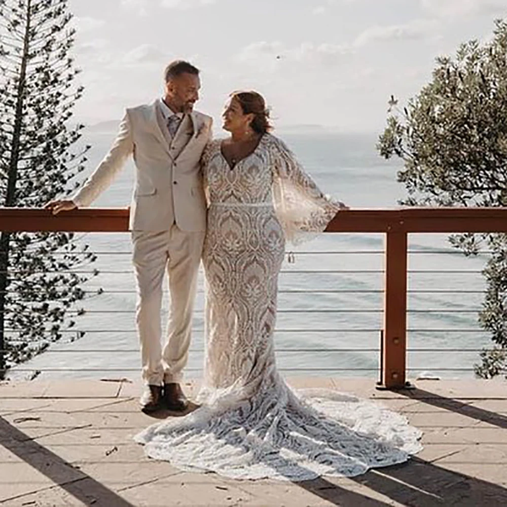 Abito da sposa all'aperto da giardino in pizzo oversize personalizzato Boho con scollo a V quadrato senza schienale lungo a pipistrello maniche larghe abiti da sposa