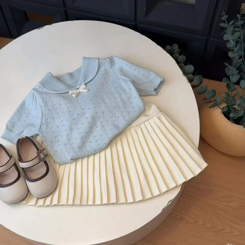 

Girls' Short-Sleeve Knitwear Set New Summer Baby Girl Japanese and Korean Style College Style Set Hollow Thin Top