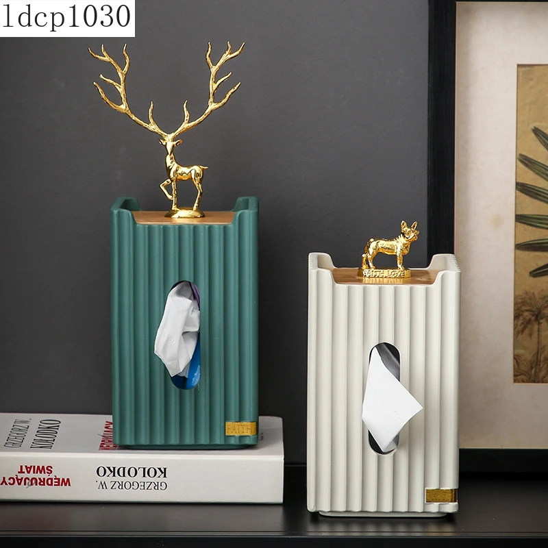 Resin Striped Rectangular Tissue Box European Style Golden Deer Vertical Storage Tissue Tube Modern Home Decoration Accessories