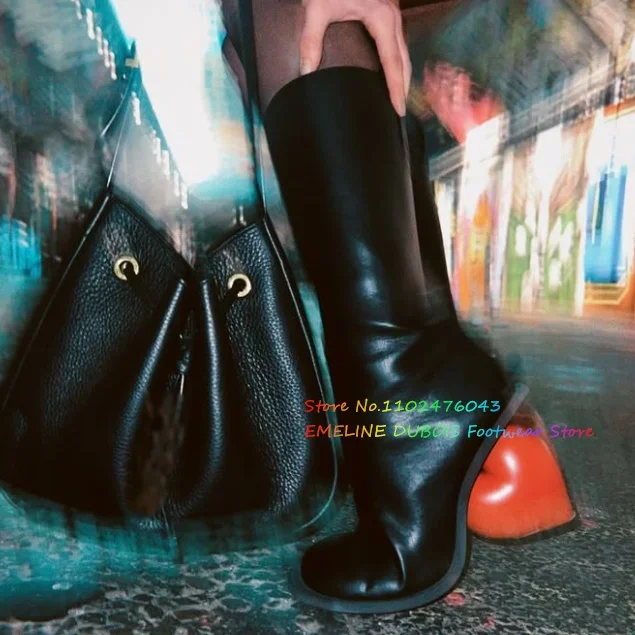 

Black Leather Side Zip High Heart-Shaped Heel Knee High Boot Women Square Toe Double Pull-Tab Retro Long Boot for Ladies