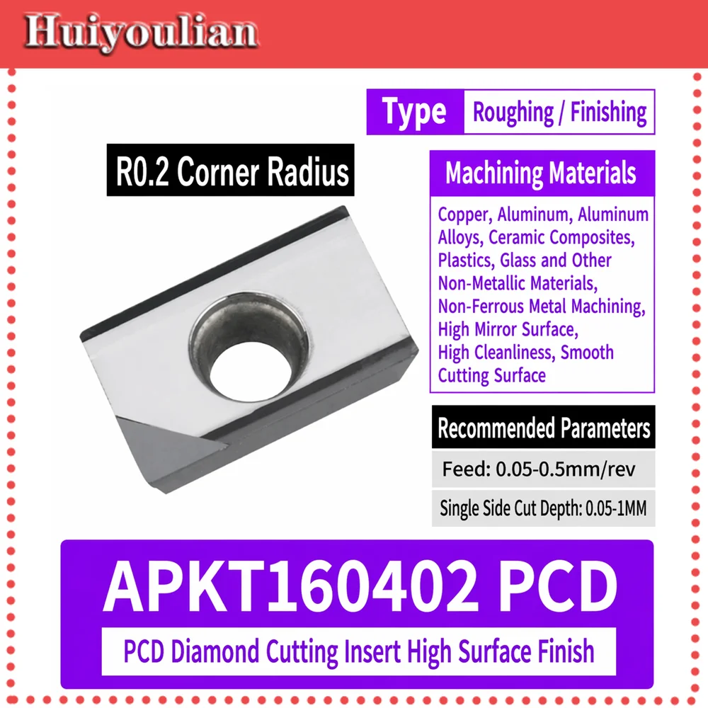 APKT PCD Diamond Insert R0.2-2.0 CNC Milling Tool for Aluminum Copper Mirror High Gloss