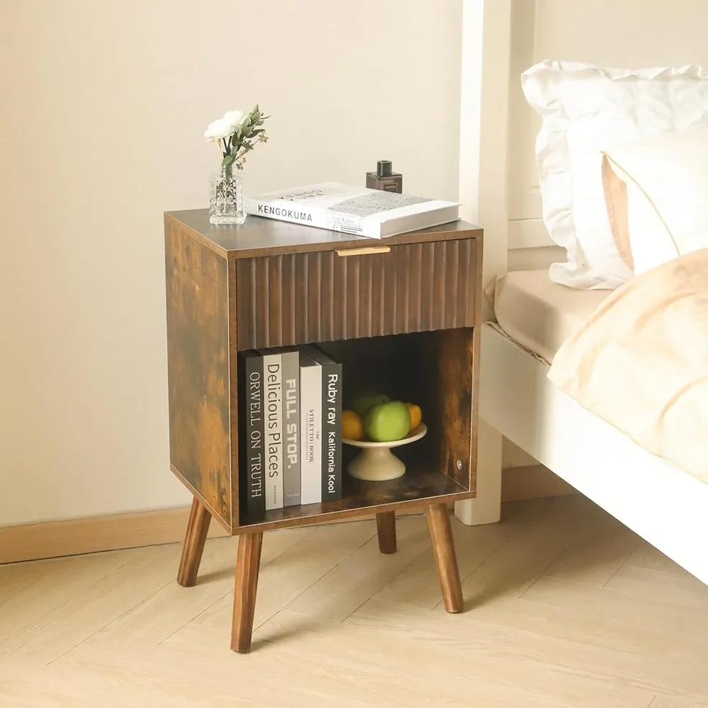 

Mid Century Modern Nightstand,with Drawer and Opening Storage, End Table Living Room Fluted Night Stand , Wood Bedside Table