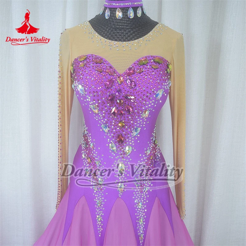 볼룸 댄스 전문 경쟁 드레스 하이 엔드 맞춤형 성인 라이트 퍼플-화이트 그라데이션 색상 AB 스톤 빅 스윙 드레스