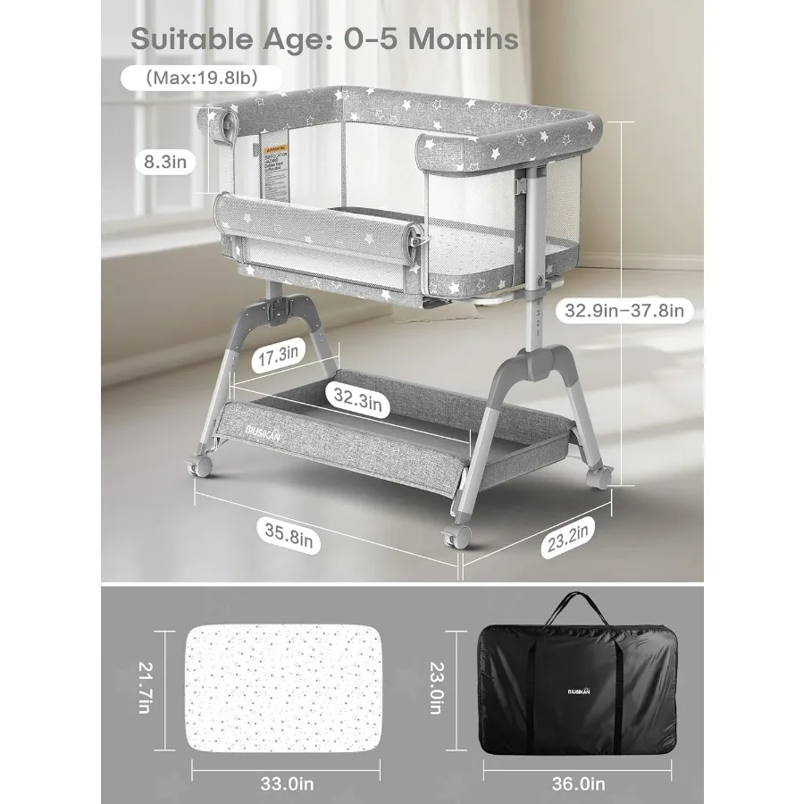 Berço portátil de cabeceira para recém-nascidos, com altura ajustável, design AllMesh, rodas de rolamento suave atualizadas, CoSleeping C