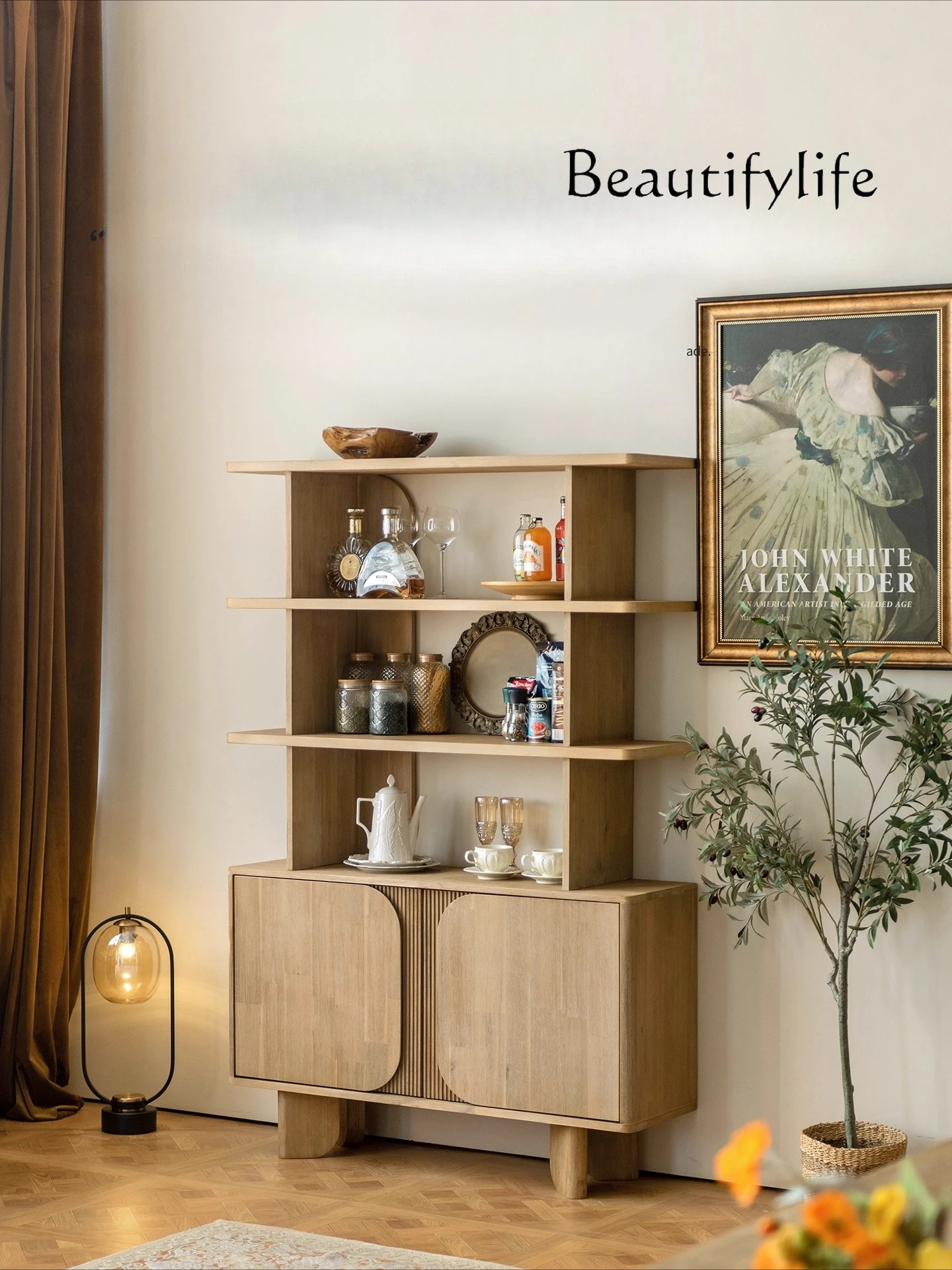 

Solid wood bookcase against the wall Living room Home display rack Vintage dining side cabinet Floor storage Bogu bookshelf