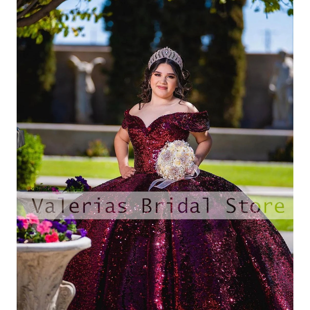 Quinceanera فستان مكشوف الكتفين للبنات ، فساتين حفلة الأميرة ، أحمر سباركلي ، فتيات المكسيك ، 15