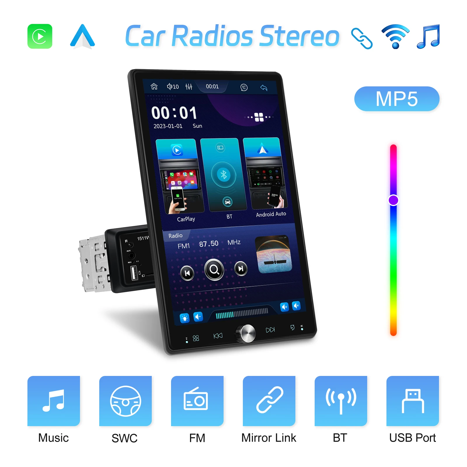Podofo 10,4'' Manuell Schwenkbares 1DIN Autoradio Kabelloses Carplay Android Auto Multimedia-Player Spiegelverbindung BT FM/RDS Radio EQ – Detail 1