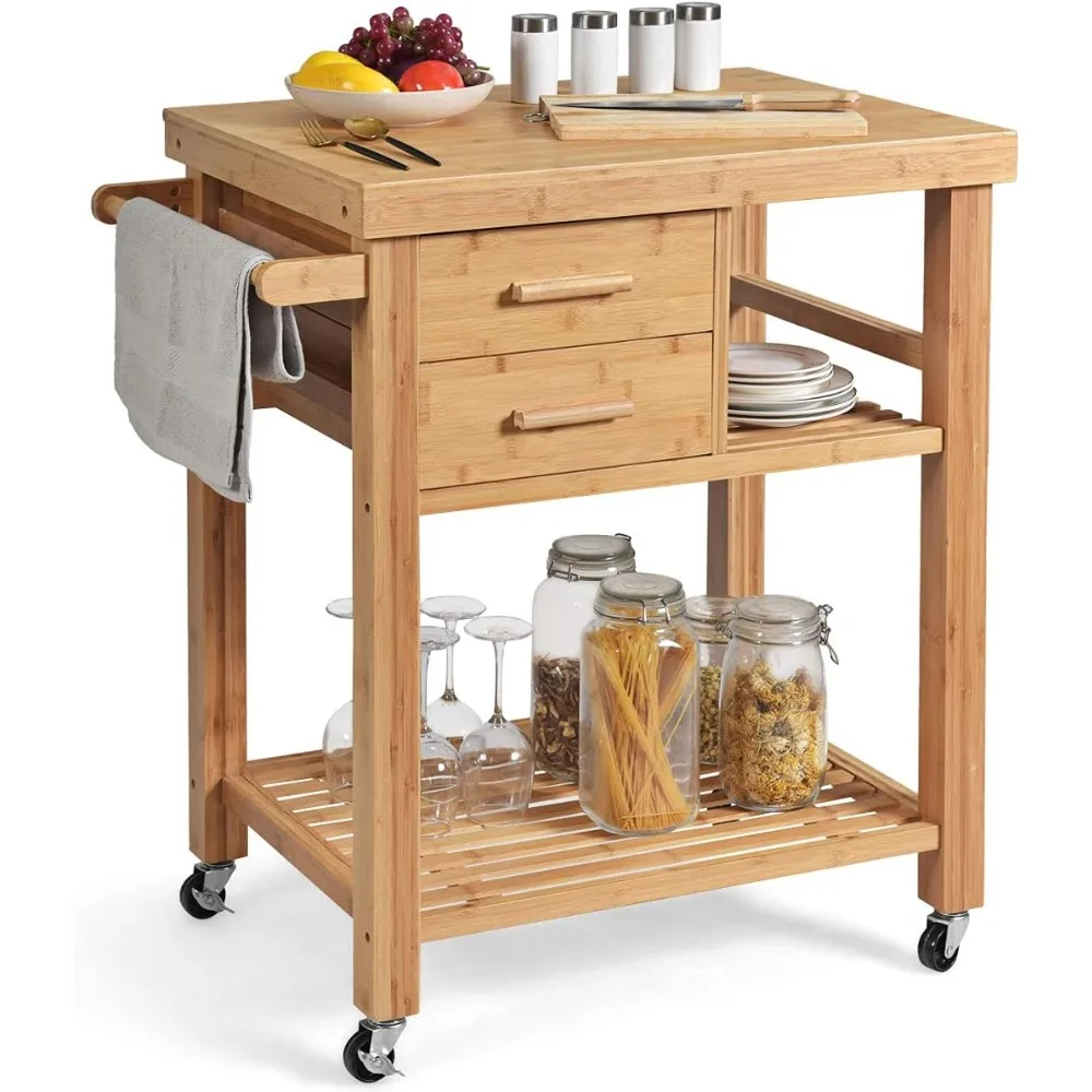 PETSITE Kitchen Island Cart, Butcher Block Table on Wheels with Drawers, Shelves, Towel Rack  folding cart