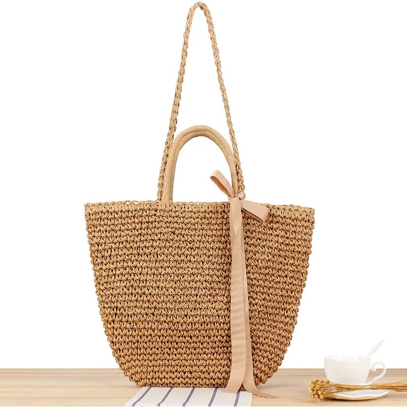 Bohemian bow shoulder portable dual-purpose straw bag seaside holiday beach bag woven bag