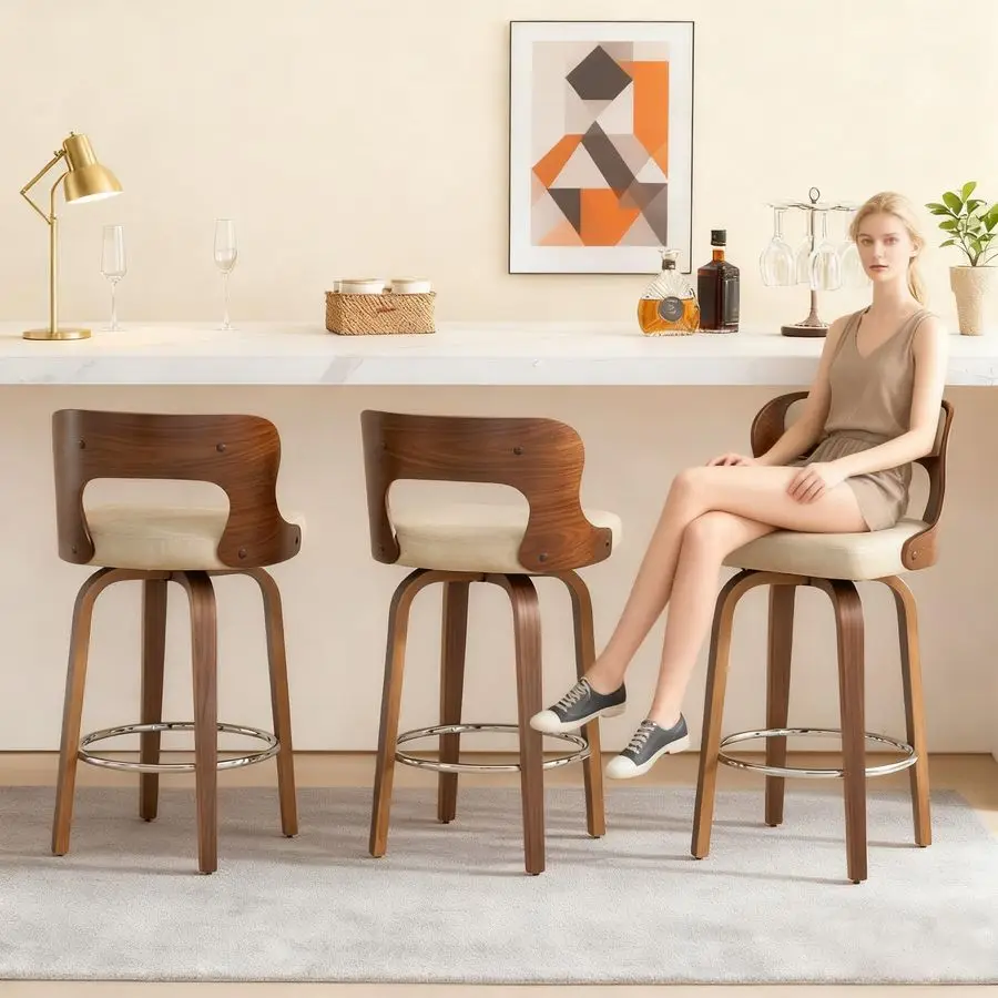 

Bar Stools Set of 3, 26 Counter Height Bar Stools, MidCentury Modern PU Leather Modern Island Chairs with Back and Footrest, fo