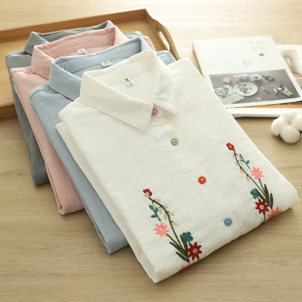 

2025 Elegant women's shirt pink white blue gray flowers embroidery shirts and blouses women long sleeve tops lady clothes