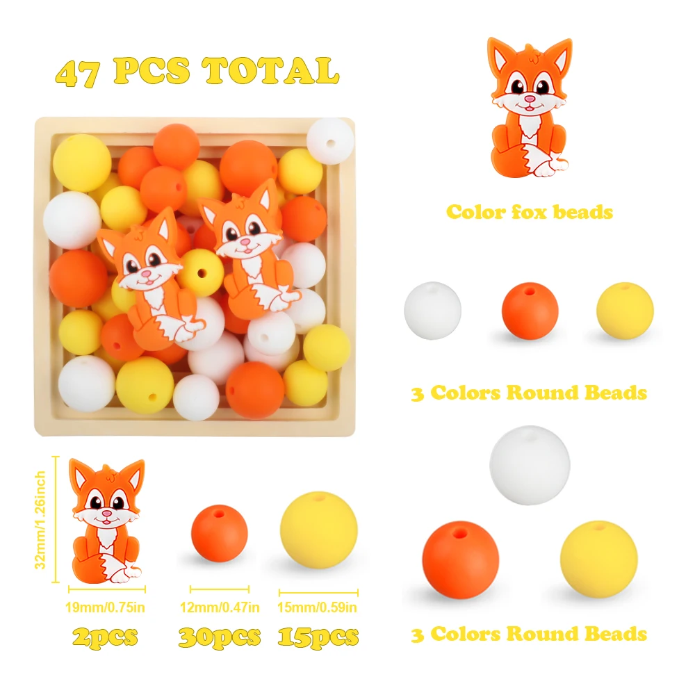 

47pcs/Set Fox Silicone Beads Round Focus Beads Set DIY Jewelry Set Bracelet Keychain Accessories For Jewelry Making BPA Free