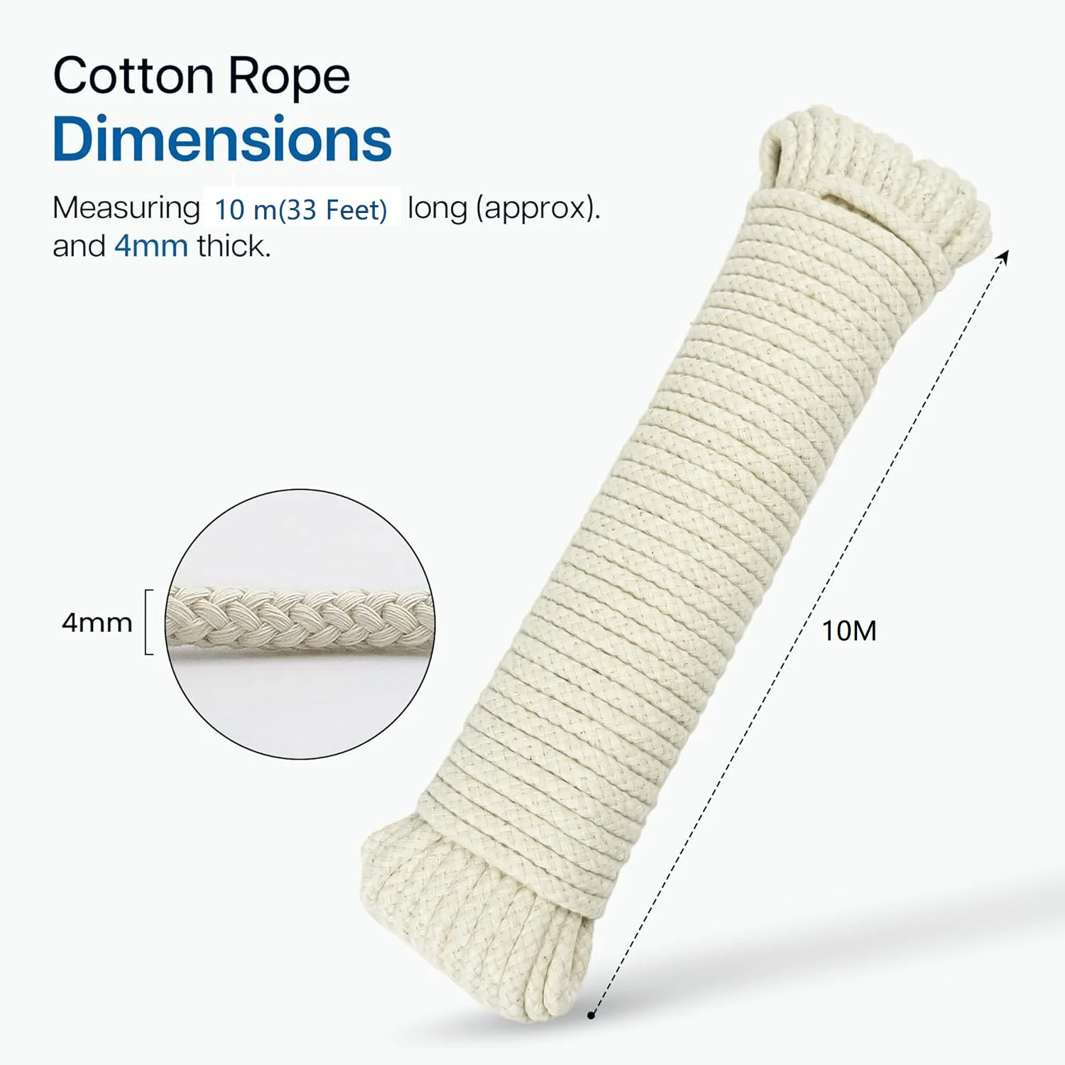 4MM 33ft Natural Cotton Rope for Outdoors Tents Clothesline All-Purpose Utility Cord for Crafts Laundry Camping DIY Projects