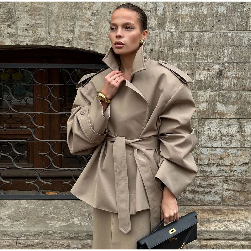 Elegant Lace Up Solid Overcoat Women Chiclapel Collar Button Full Sleeve Loose Coat Autumn Female Street New Oversize Outerwear 21 S0664fcc38ed7451b8eb38c11f60c0e3fE