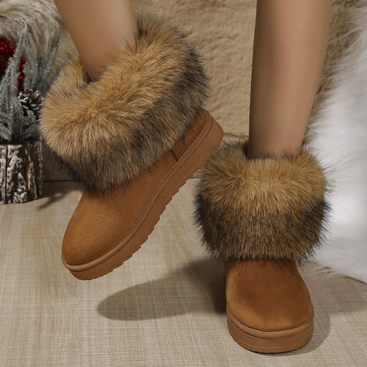 Women's Winter Boots Warm Imitation Fox Fur Fashion Short-Tube Raw Edge Imitation Suede Flats Snow Boots Brown Boots Women's Shoes