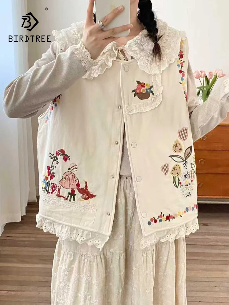 

Новый зимний жилет с хлопковой подкладкой 2025, женское лоскутное пальто с круглым вырезом и вышивкой, Mori Girl Sweet Chic, свободное теплое пальто без рукавов C5D820CC