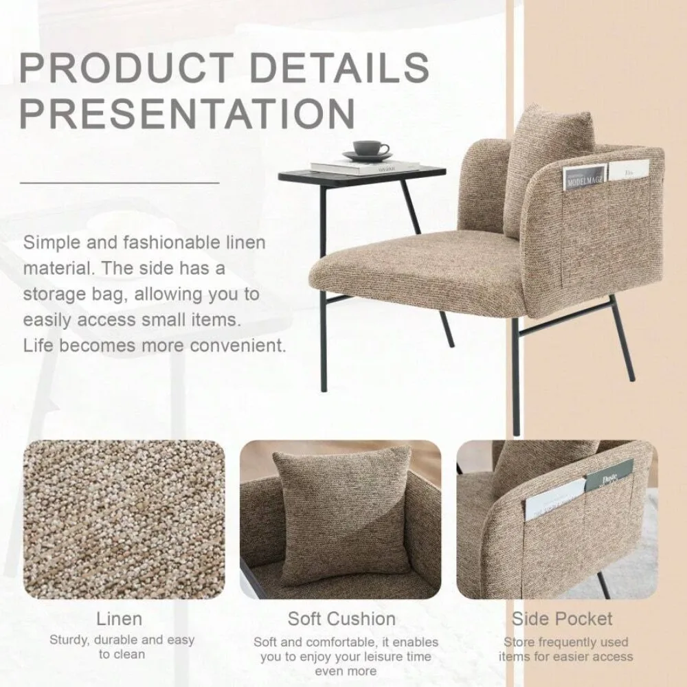 Leisure Chair with Small Table and Back Pillow, Modern Upholstered Single Sofa with Metal Legs and Side Pockets, Lounge Chair for Living Room Bedroom Garden, Compact Accent Seating with Cushion - view 5