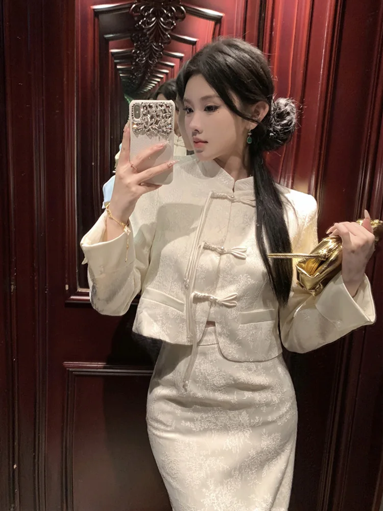 

Новый комплект в китайском стиле: укороченный жакет с высокой талией и юбка-миди с разрезом, модный костюм Тан, большие размеры для женщин