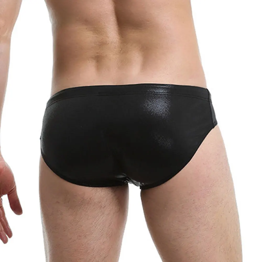 Men's PU Leather Swimwear Sexy Bikini Solid Swim Briefs Low Waist Drawstring Gay Male Beach Shorts Swimming Trunks Bathing Suit
