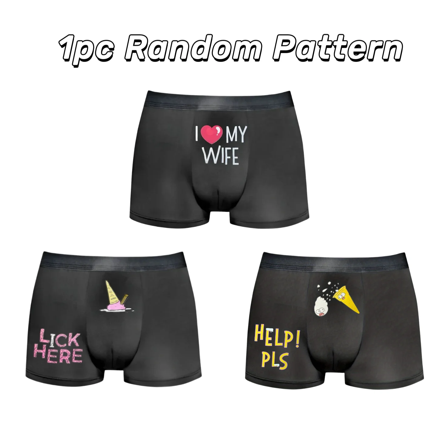 1pc Men's Boxer Briefs, Random Pattern ('I Love My Wife' or Ice Cream), Breathable & Comfortable Daily Underwear