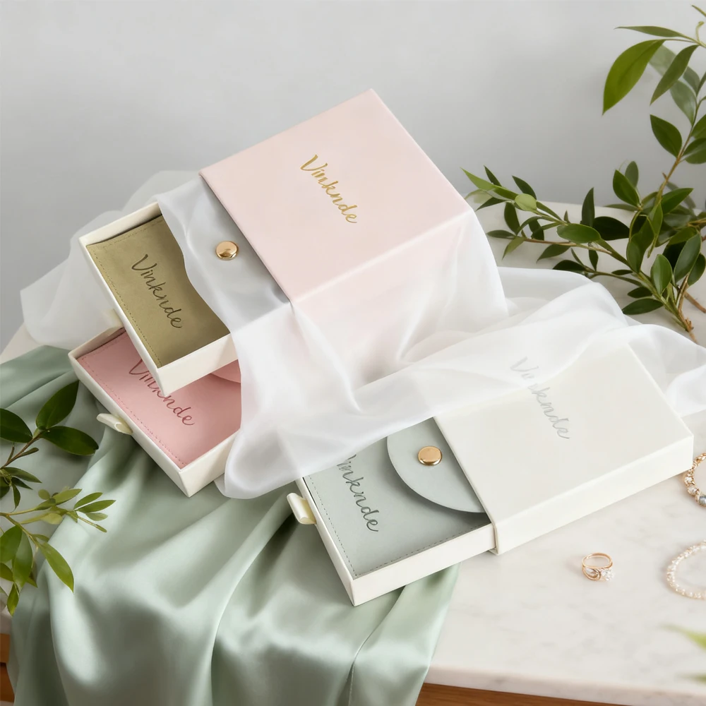 

Custom Printed 10x10x3.5cm Beige Jewelry Set Wedding Gifts Boxes Microfiber Snap Bag Cardboard Earring Ring Drawer Packaging Box