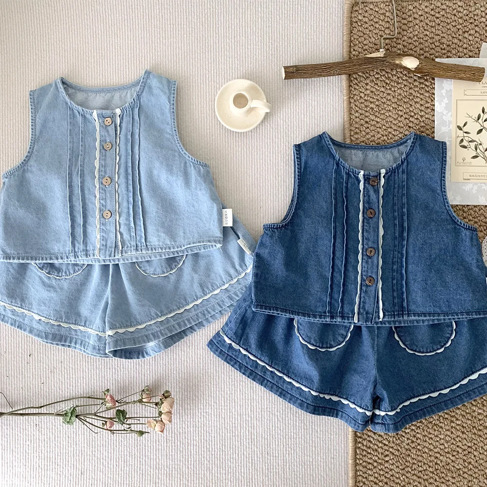 

Jenny&Dave Spring/Summer Girls' Vest Shorts Set Cotton Denim Open Top Tank Top Contrast Color Shorts 2-piece Set Girls