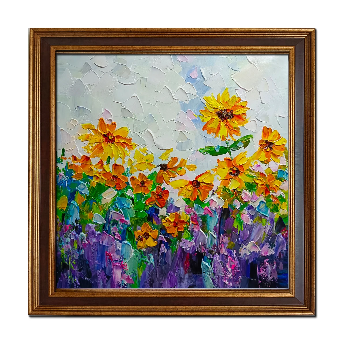 

Golden Framed-Hand Painted Textured Knife Abstract Colorful Flower Oil Painting For Living Room Wall Art Home Artwork Decor