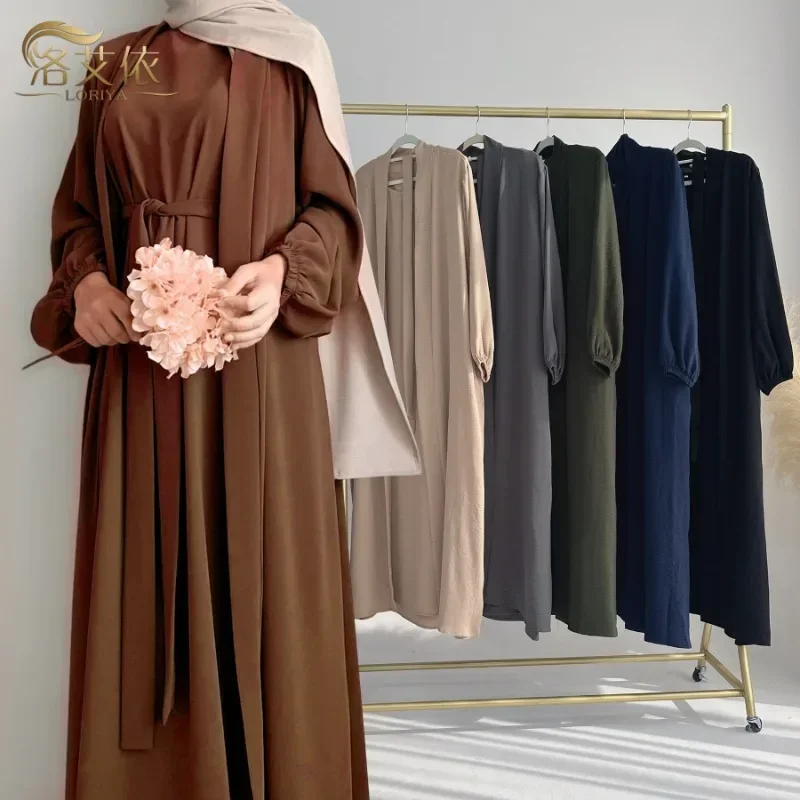 New Abaya Set Crinkle Fabric Open Abaya+Inner Long Dress Islamic Clothing Muslim Women Dresses Set Turkish Kaftan Ramadan Eid