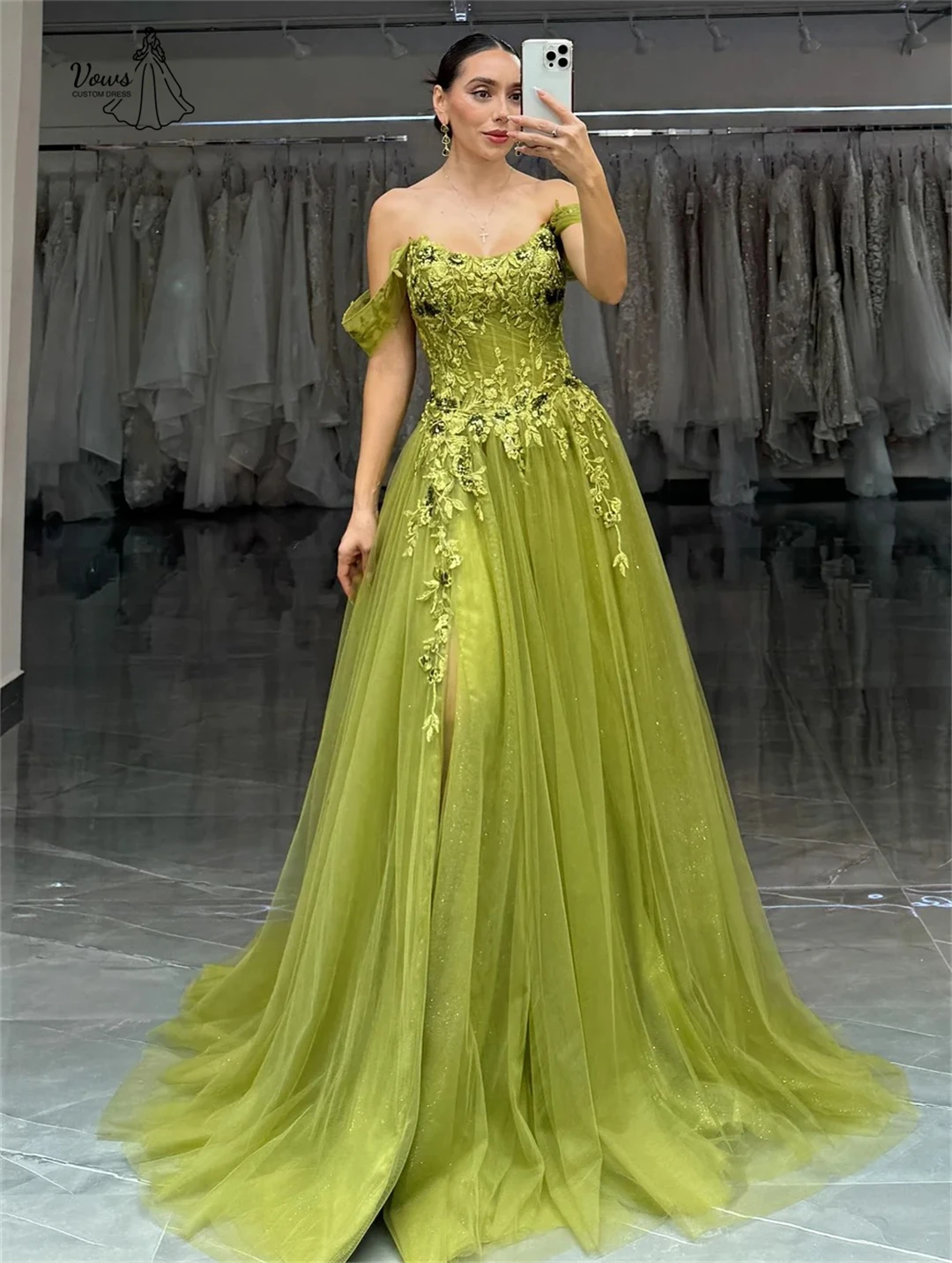

Vows Women's Evening Dress for Weddings Custom Made Green Tulle Line A Wedding Guest Dress Leaf Pattern Elegant Womens Dresses