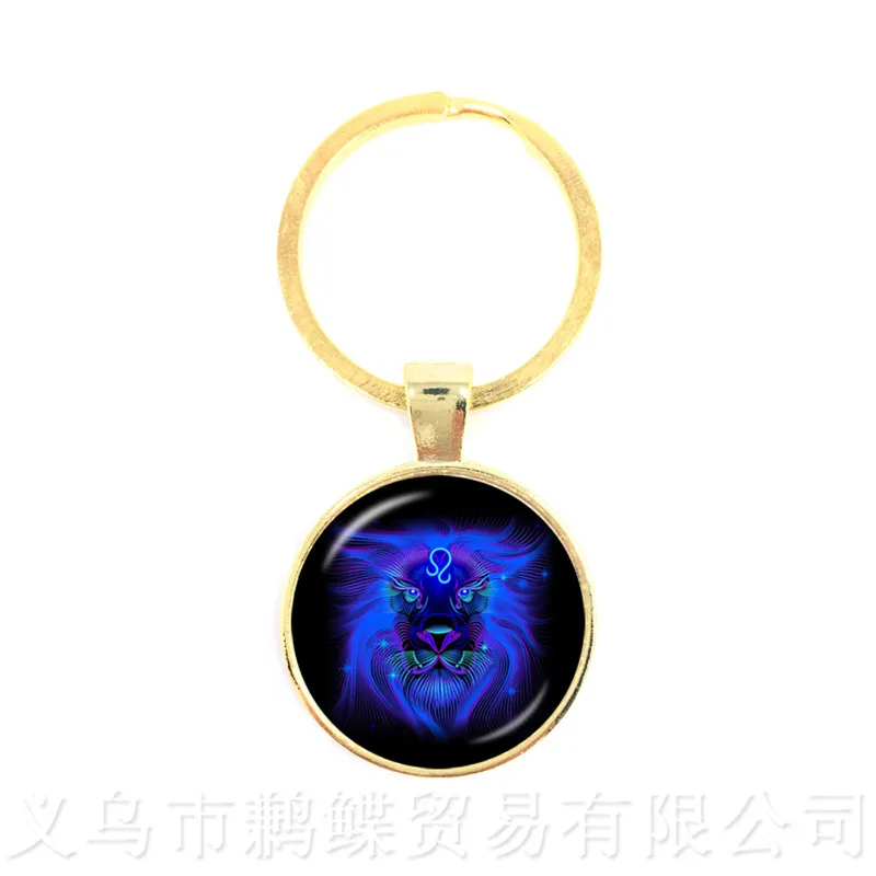 New 12 Zodiac Signs Keychains Retro Twelve Constellations Cabochon Glass Time Gem Pendant Keyring For Gift